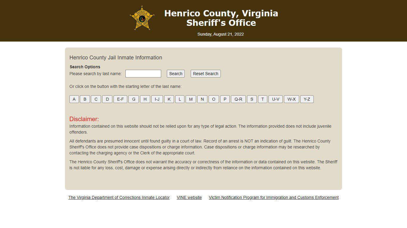 Inmate Search - Sheriff's Office - Henrico County, Virginia